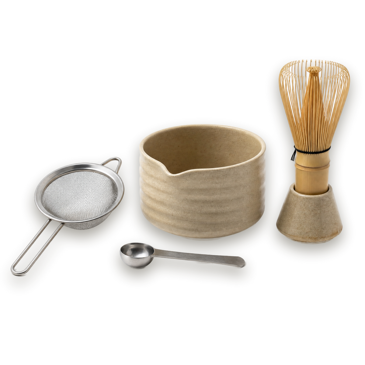 Hojicha Starter Set Beige with sifter, bowl, spoon and whisk with holder
