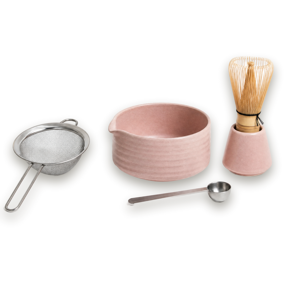 Hojicha Starter Set Pink with sifter, bowl, spoon and whisk with holder