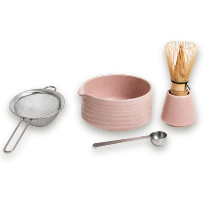 Hojicha Starter Set Pink with sifter, bowl, spoon and whisk with holder