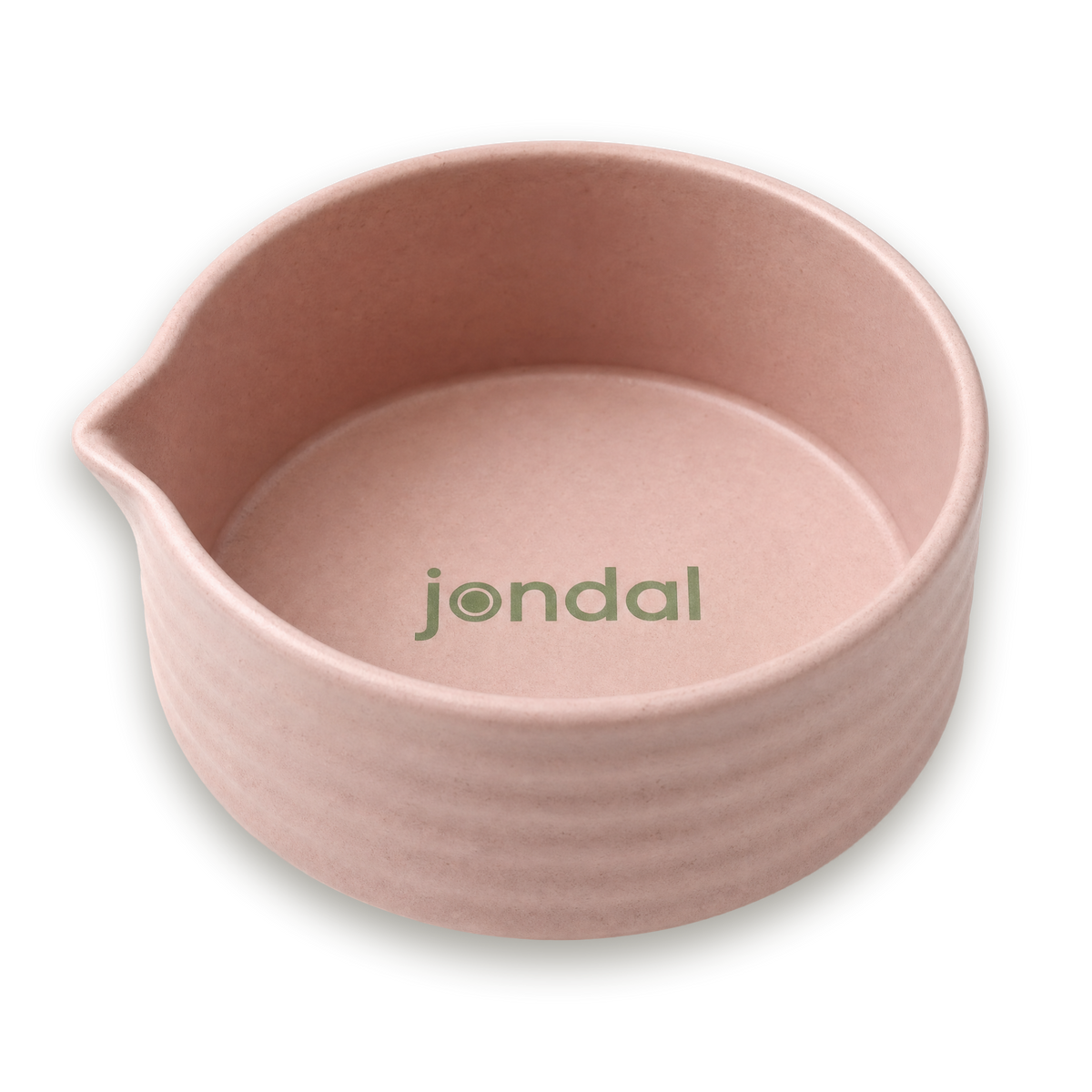 Jondal matcha bowl in pink with spout and logo inside