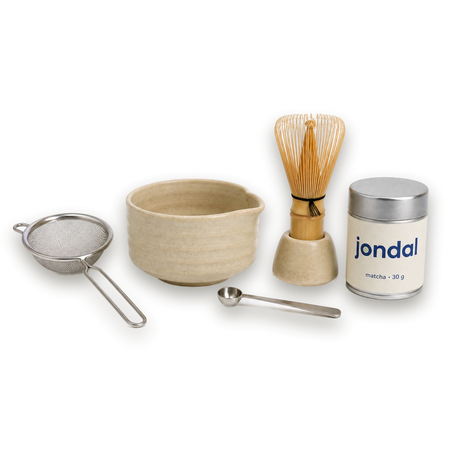 Matcha Starter Set Beige with sifter, bowl, spoon, whisk with holder and matcha tin